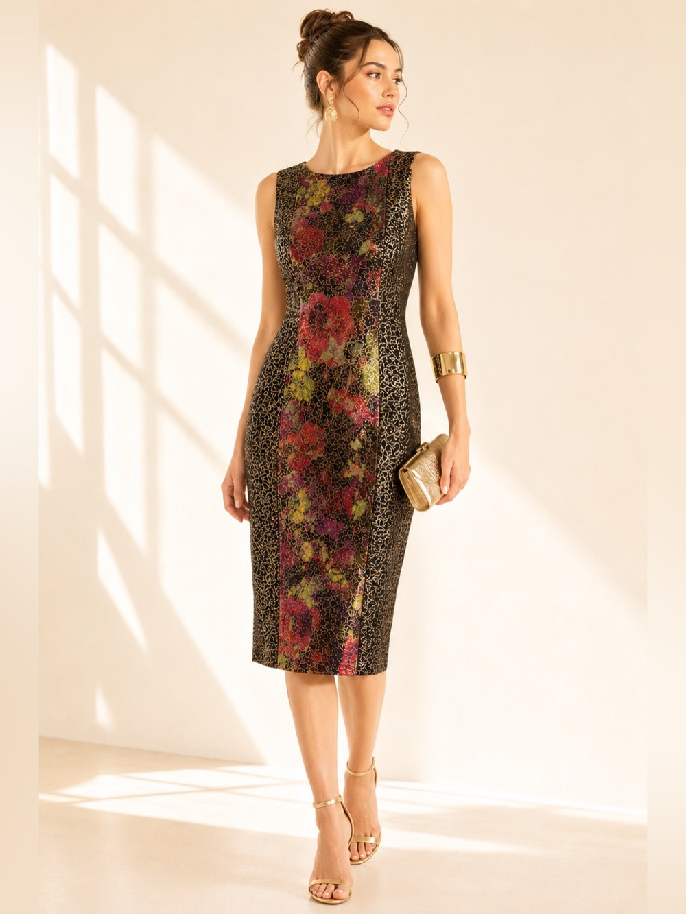 Anthropologie Adrianna Papell Floral Metallic Sheath Dress Statement Size 8